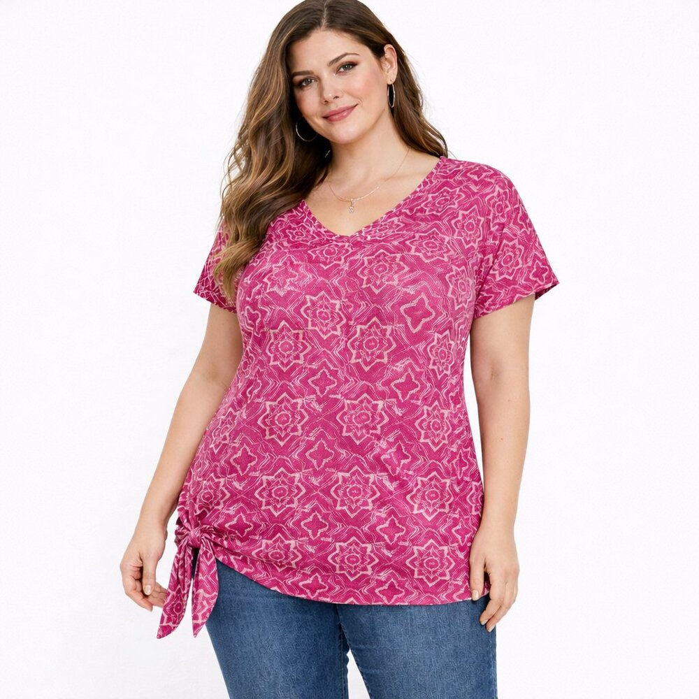 Lane Bryant Pink Patterned Asymmetrical Hem Tie Top